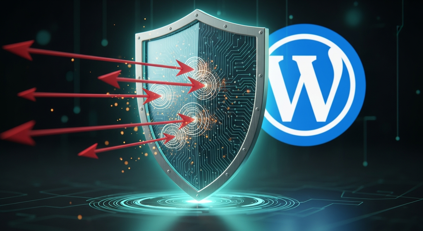 A stylized illustration of a digital shield protecting a WordPress logo from incoming red arrows symbolizing cyber attacks, set against a dark background.