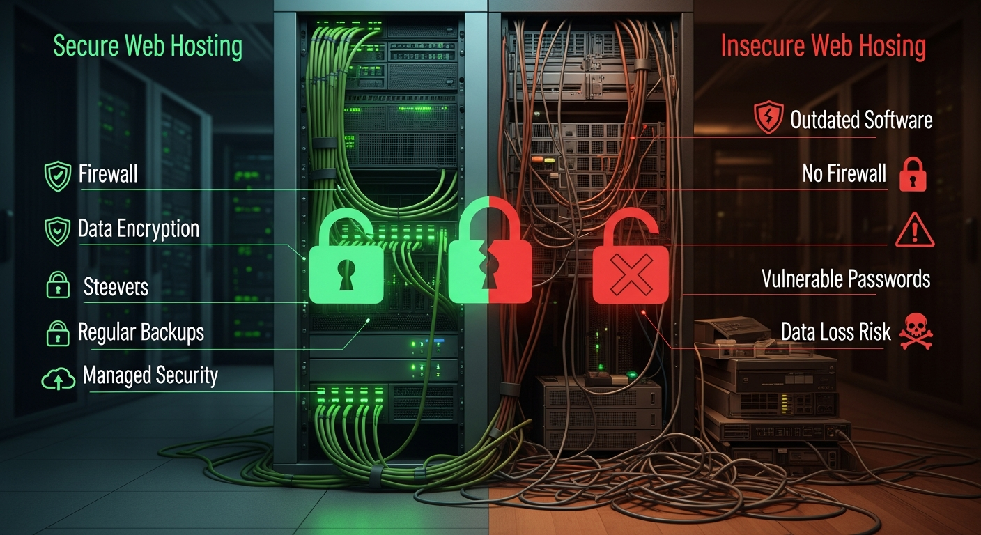 A detailed infographic showing a secure server rack with glowing green lights, contrasted with a less secure, messy server setup, illustrating the importance of quality web hosting for security.
