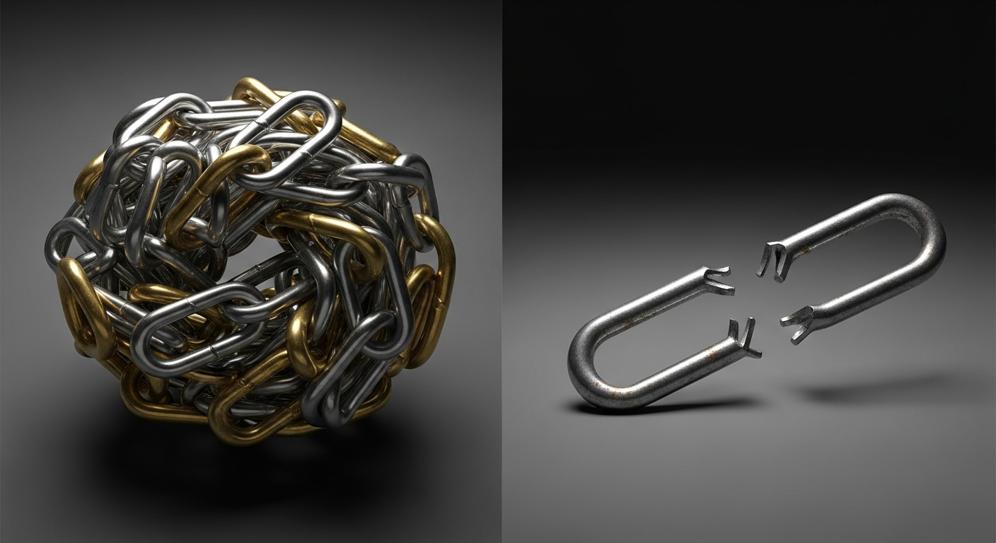 An illustration of a complex, strong password represented as a tangled, unbreakable chain, contrasted with a simple, weak password shown as a fragile, broken link.