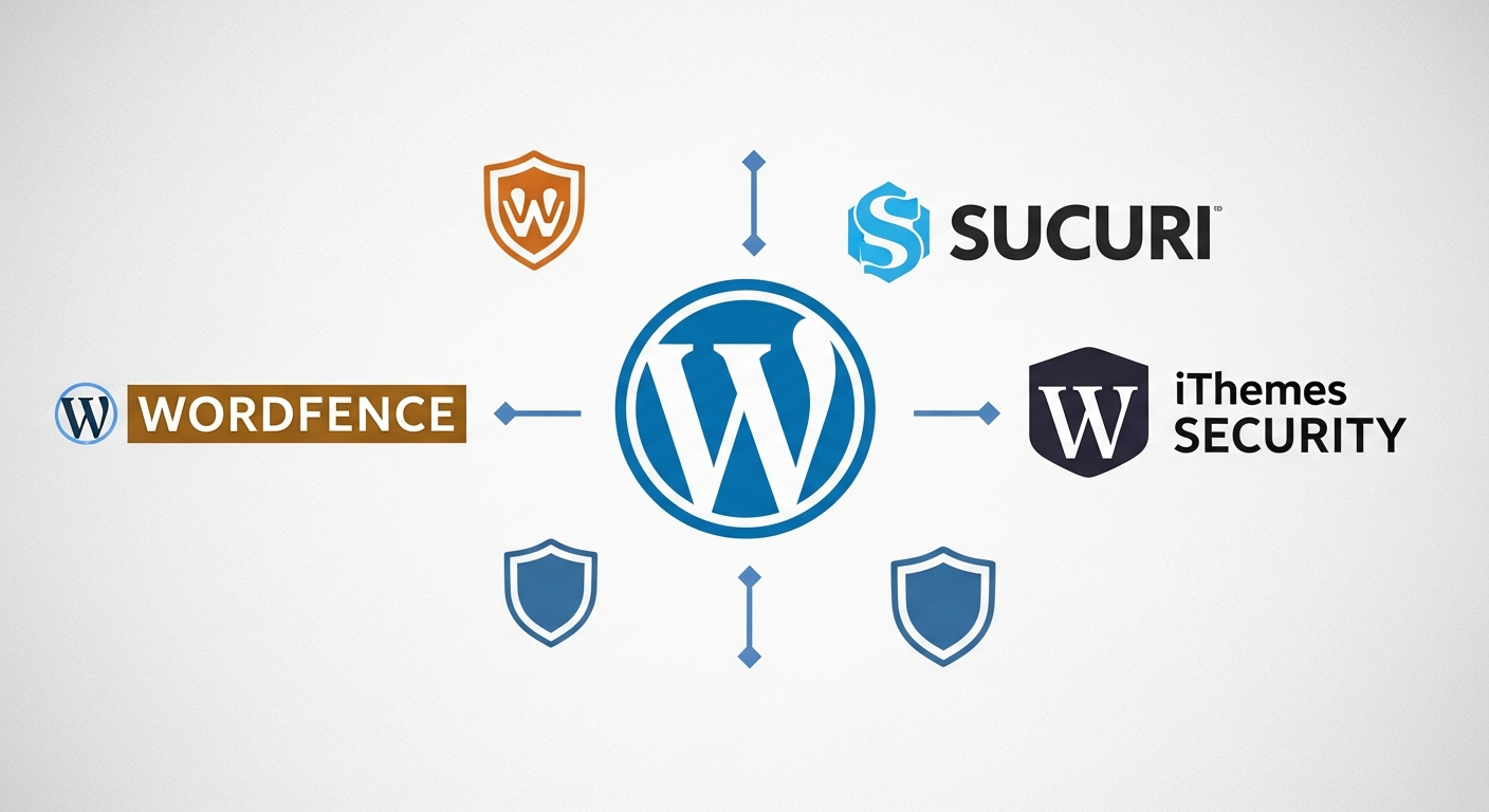 A dynamic and clean graphic showcasing logos of top WordPress security plugins like Wordfence, Sucuri, and iThemes Security arranged around a central WordPress logo, with shield icons.