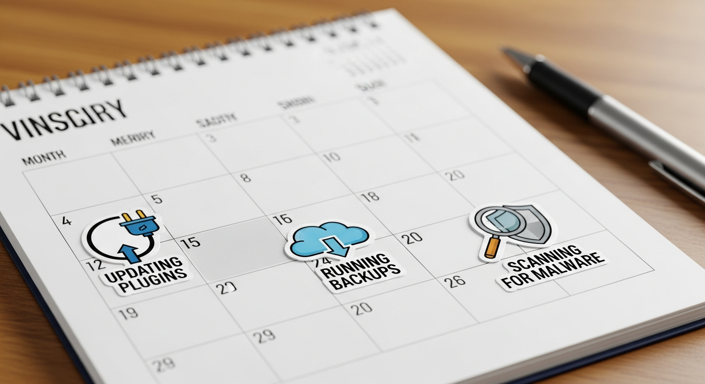 A visual calendar with icons representing regular security tasks: updating plugins, running backups, and scanning for malware, symbolizing a consistent maintenance schedule.