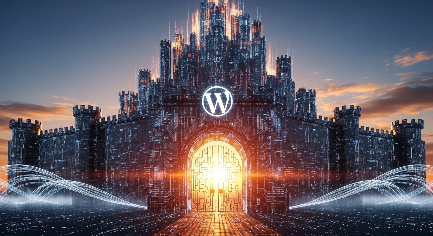 A powerful closing image showing a majestic and impenetrable digital fortress with the WordPress logo on its main gate, bathed in the light of a rising sun, symbolizing security and a bright future.