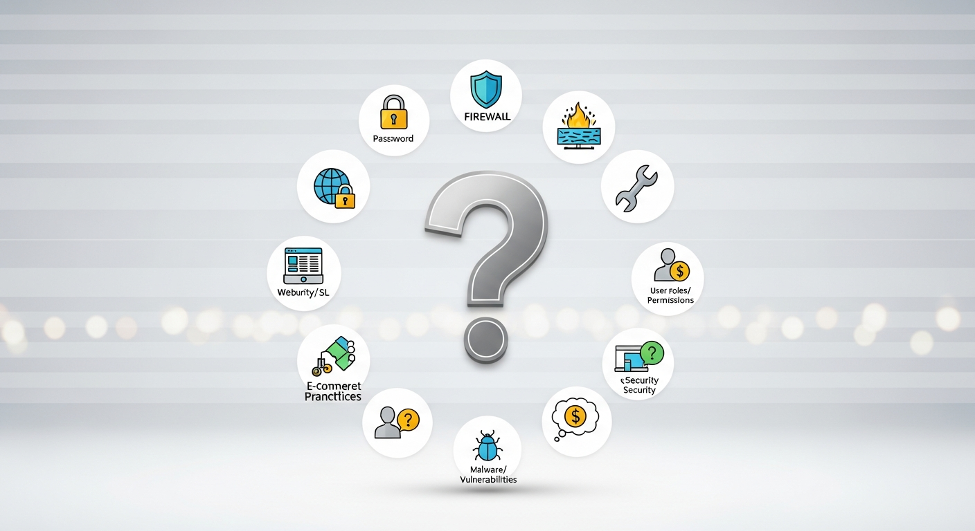 A clean and modern graphic with a large question mark surrounded by smaller icons representing common user questions about WordPress security.