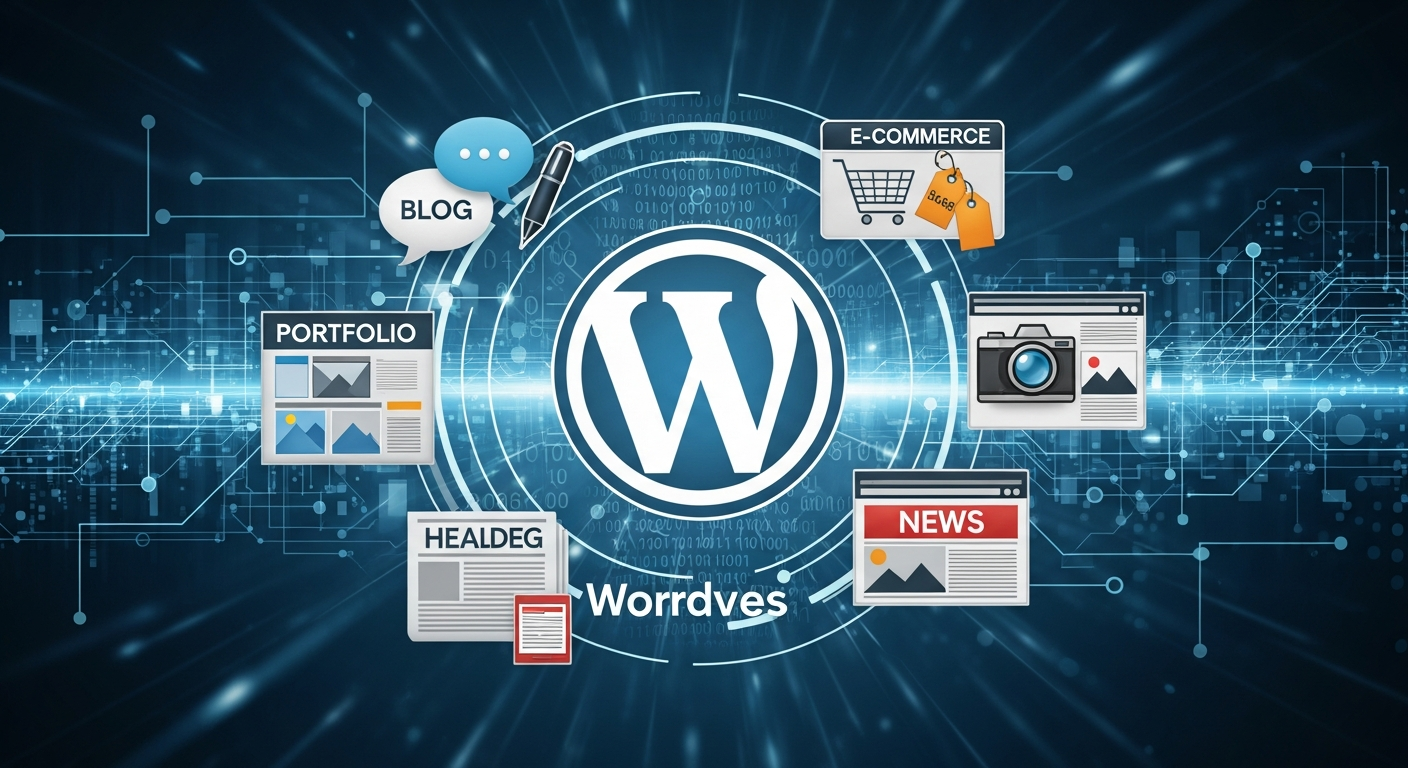 Ilustrasi modern yang menunjukkan logo WordPress di tengah, dikelilingi oleh ikon-ikon yang merepresentasikan berbagai jenis website seperti blog, toko e-commerce, portofolio, dan situs berita, dengan latar belakang kode digital yang artistik.