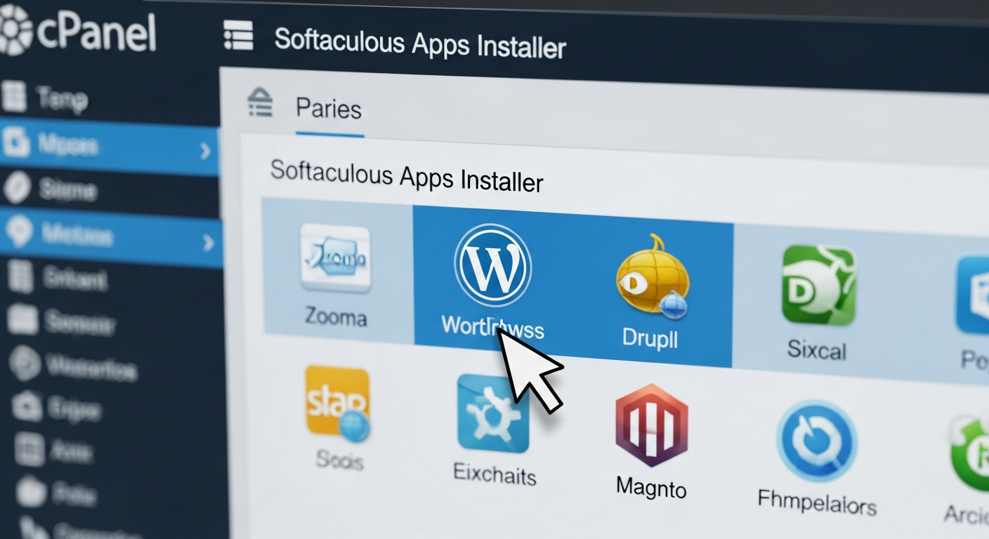 Screenshot antarmuka cPanel hosting yang menampilkan ikon “Softaculous Apps Installer” atau “WordPress Installer”, dengan kursor mouse yang menunjuk ke logo WordPress, melambangkan kemudahan proses instalasi satu-klik.