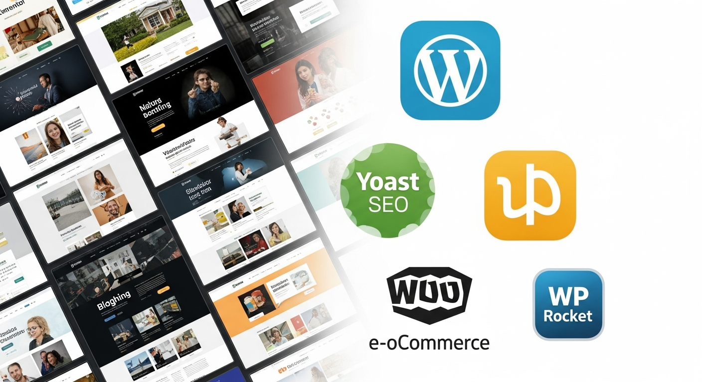 Tampilan kolase dinamis yang memperlihatkan berbagai macam desain website (tema) di satu sisi, dan di sisi lain menampilkan logo dari plugin WordPress populer seperti Elementor, Yoast SEO, WooCommerce, dan WP Rocket, menggambarkan ekosistem yang kaya.