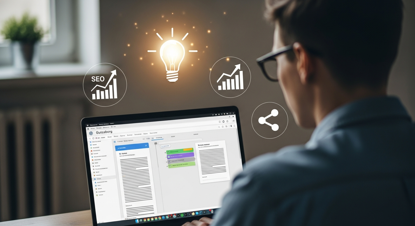 Ilustrasi seorang penulis yang sedang duduk di depan laptop dengan antarmuka editor WordPress (Gutenberg block editor) di layar. Di sekelilingnya ada ikon bola lampu, grafik SEO yang menanjak, dan simbol ‘share’ media sosial, menunjukkan proses pembuatan konten yang kreatif dan strategis.