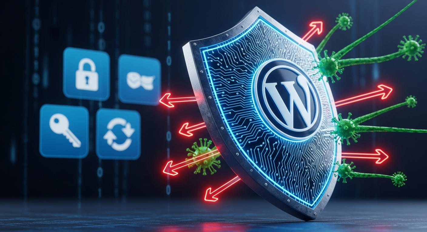 Sebuah ilustrasi bergaya perisai digital yang kokoh dengan logo WordPress di tengahnya, menahan serangan siber yang digambarkan sebagai panah atau virus digital. Di latar belakang, terdapat ikon gembok, kunci, dan simbol update.