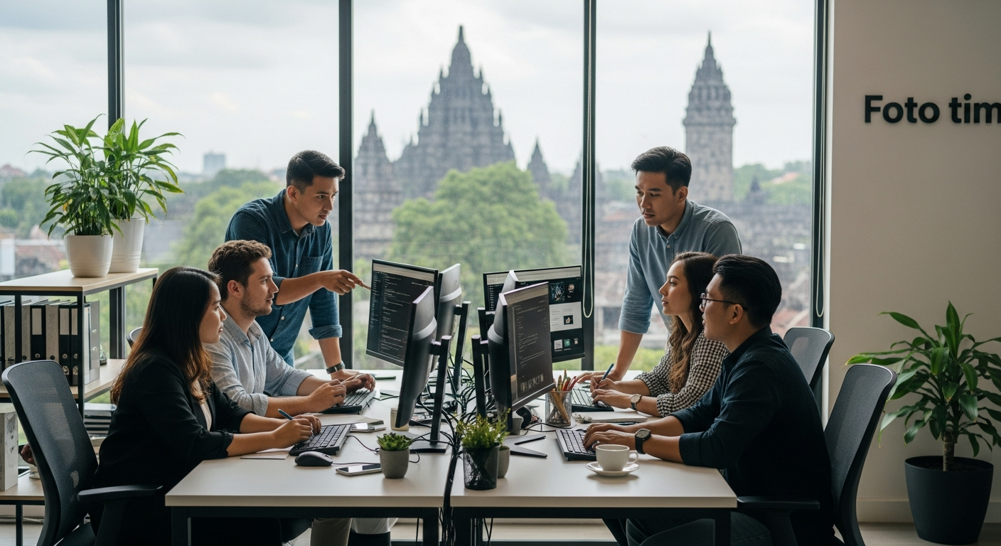 Foto tim developer web yang sedang berkolaborasi di sebuah kantor modern di Yogyakarta, dengan latar belakang Candi Prambanan atau Tugu Jogja yang terlihat samar dari jendela, mengisyaratkan sentuhan lokal dan profesionalisme.