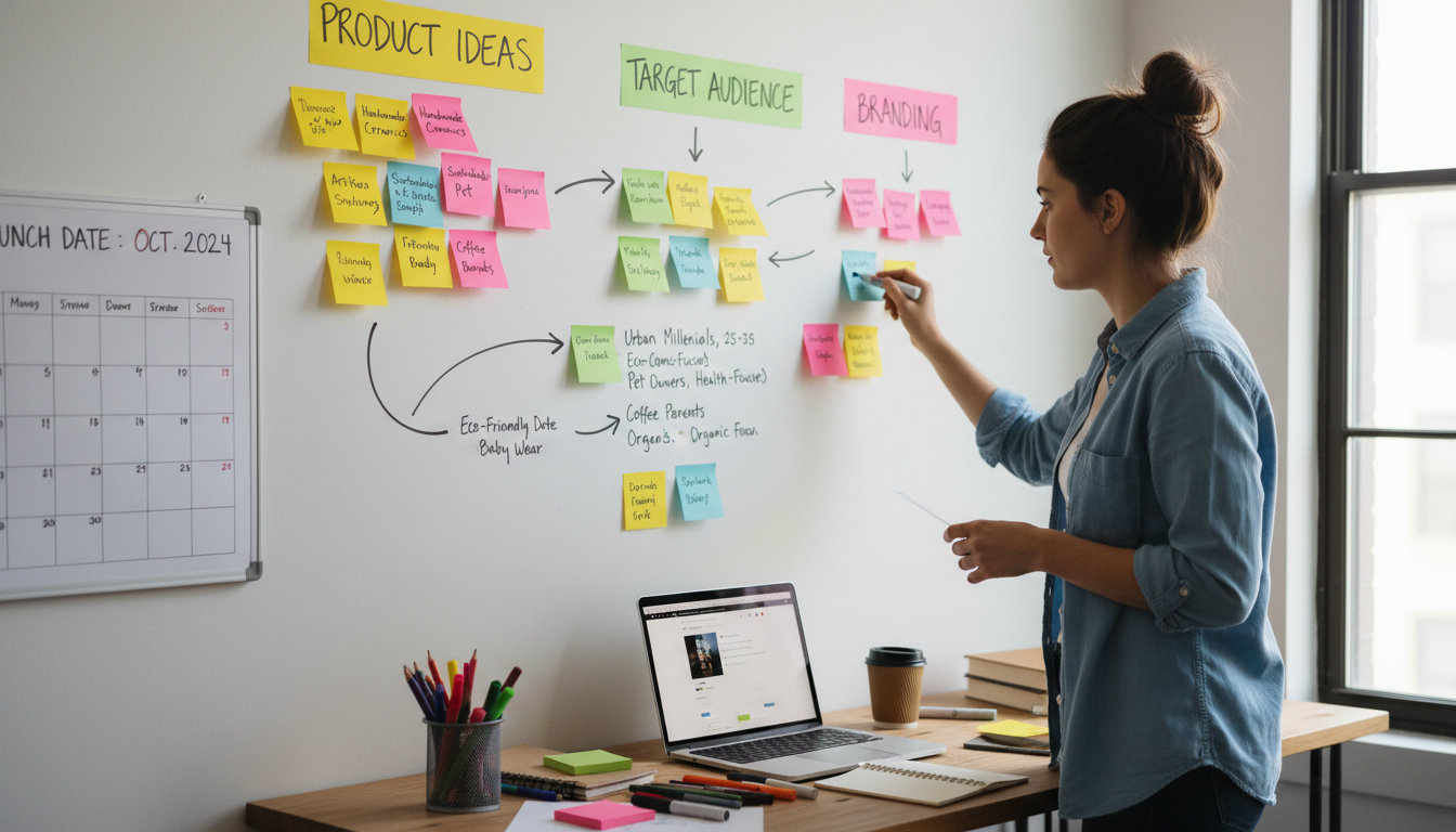 A person brainstorming with sticky notes on a wall, planning their niche online store. The scene is creative and organized, showing product ideas and 