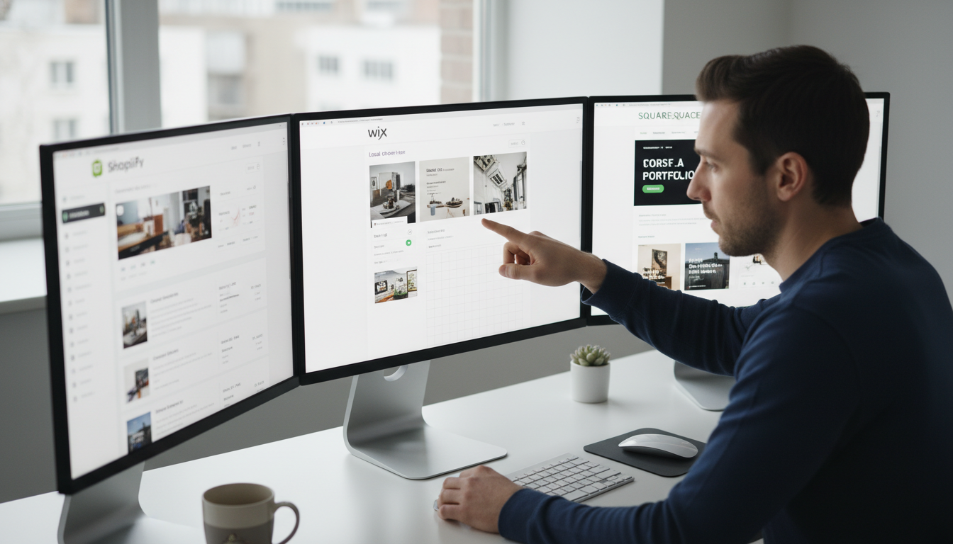 A side-by-side comparison of different website builder interfaces like Shopify, Wix, Squarespace on a computer screen, with a person pointing at one, 