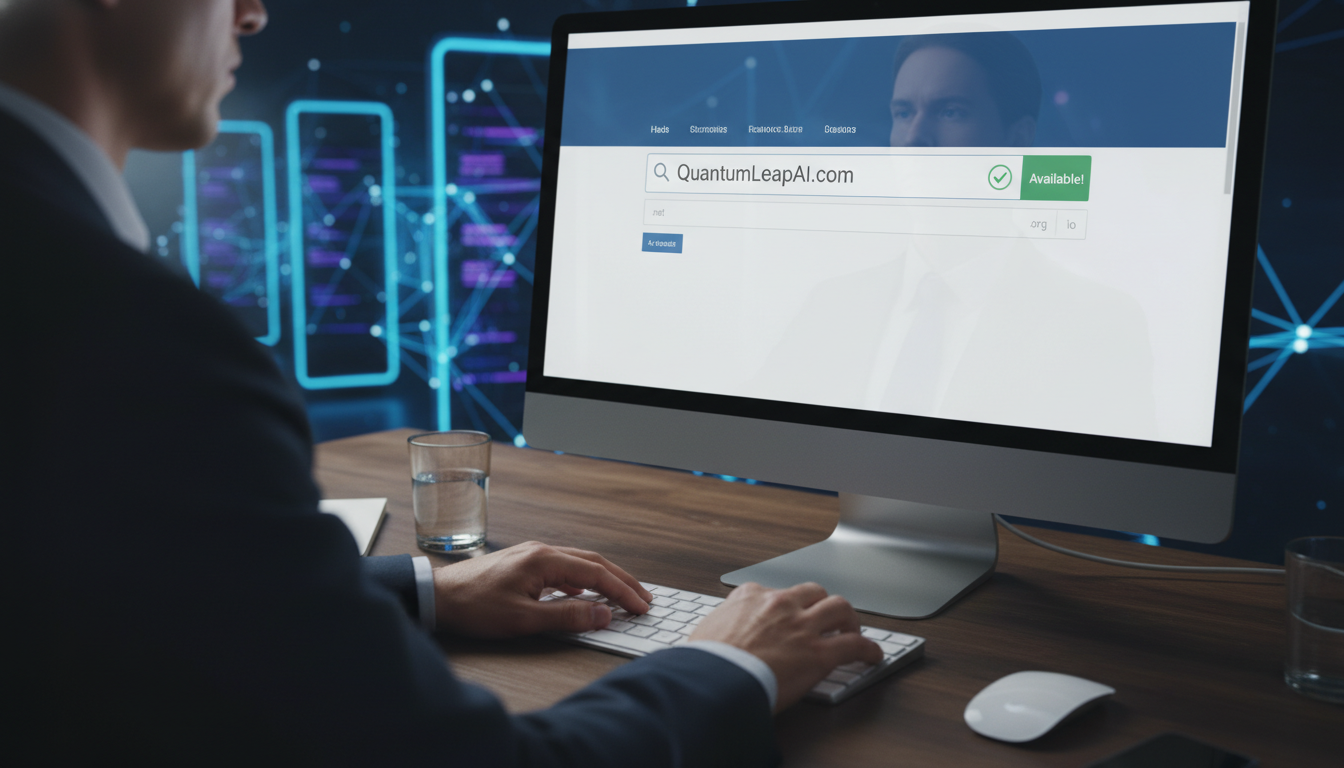 A person typing a desired domain name into a search bar on a registrar website, with a green checkmark indicating its availability. The background sho