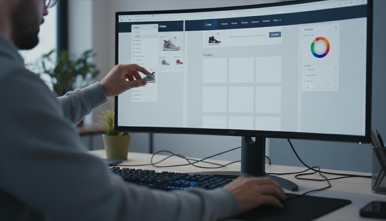 A close-up of a person using a drag-and-drop website editor on a large monitor, customizing a website template by changing colors, fonts, and dragging