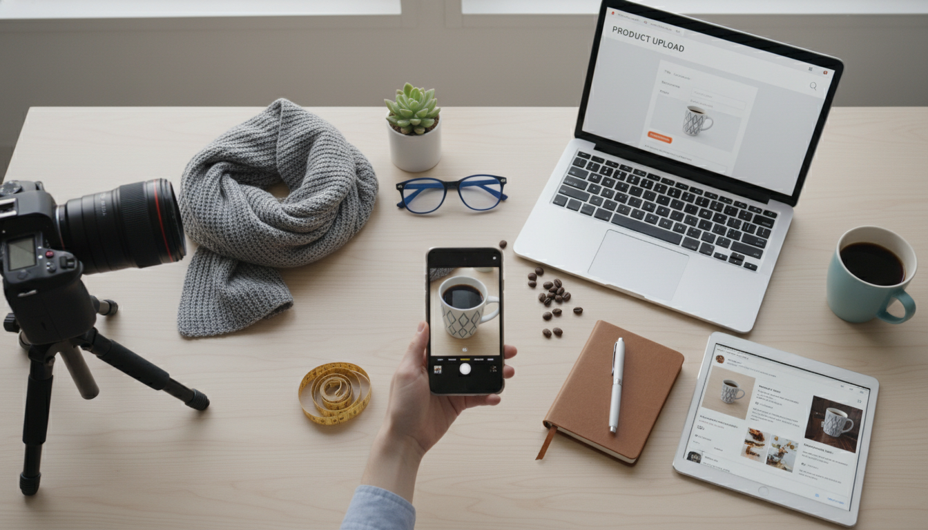 A flat lay photo showing a product being photographed with a smartphone. Around the product are props, a camera, and a laptop open to an e-commerce da
