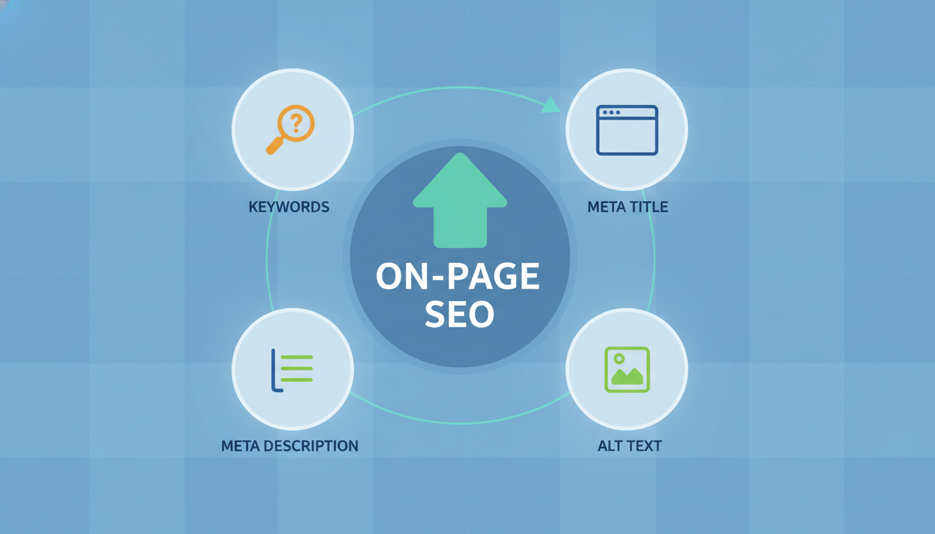 An infographic-style image showing the key elements of on-page SEO keywords, meta title, meta description, and alt text, with icons representing each 