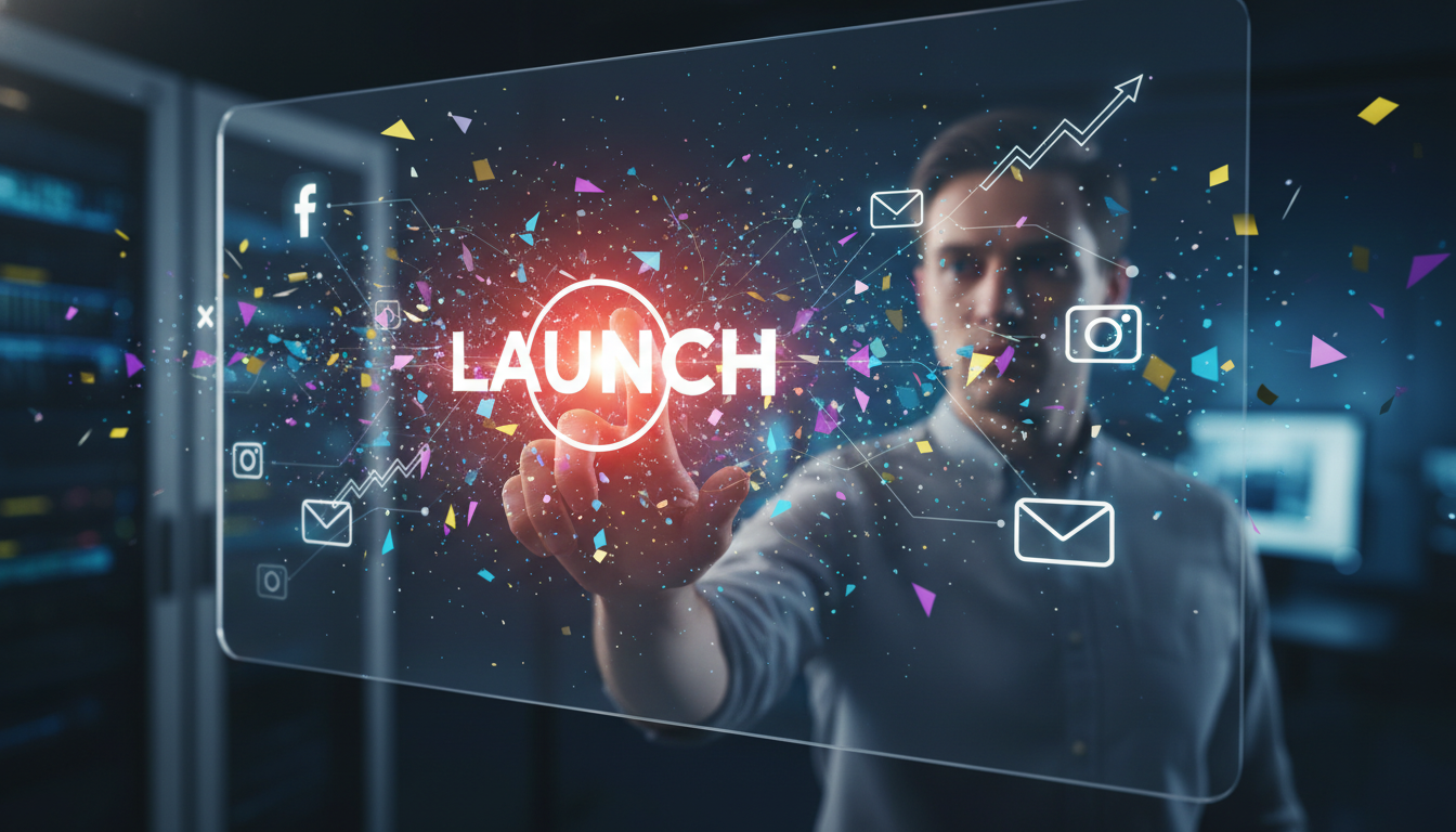 A person hitting a giant LAUNCH button on a screen, with digital confetti exploding outwards. In the background, social media icons and email marketin