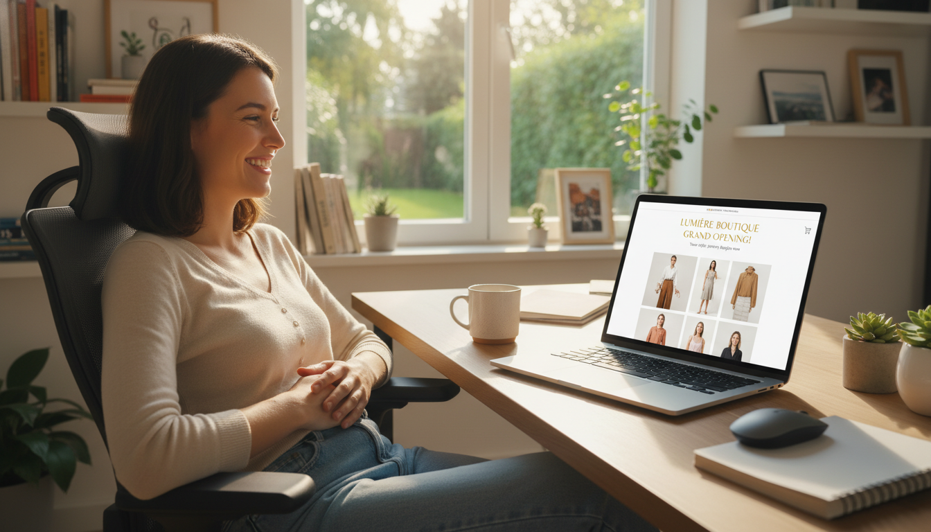 A person sitting comfortably in a home office, smiling at their laptop which shows a beautiful, finished online store. The scene is bright and optimis