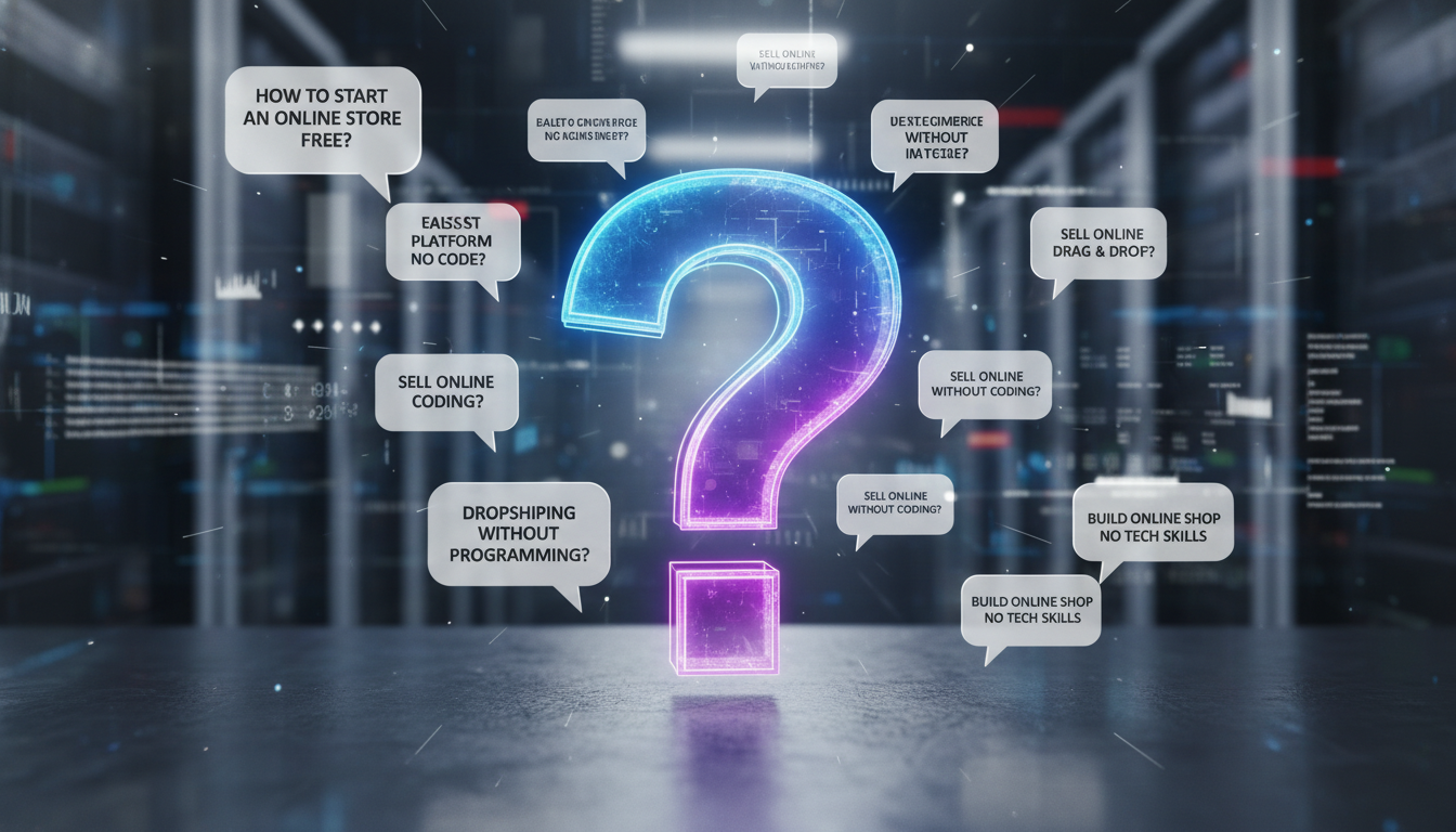 A stylized image with a large question mark in the center, surrounded by smaller chat bubbles containing common questions about creating an online sto