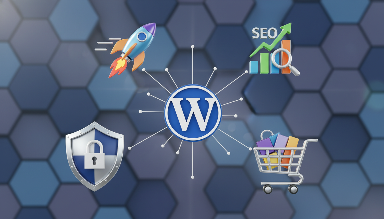 A vibrant and modern illustration showing a central WordPress logo with various functional icons security shield, rocket for speed, SEO chart, shoppin