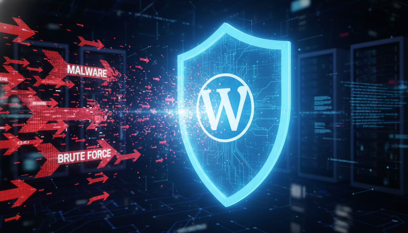 A digital illustration of a strong, glowing blue shield deflecting red digital arrows labeled Malware and Brute Force away from a WordPress logo, set 