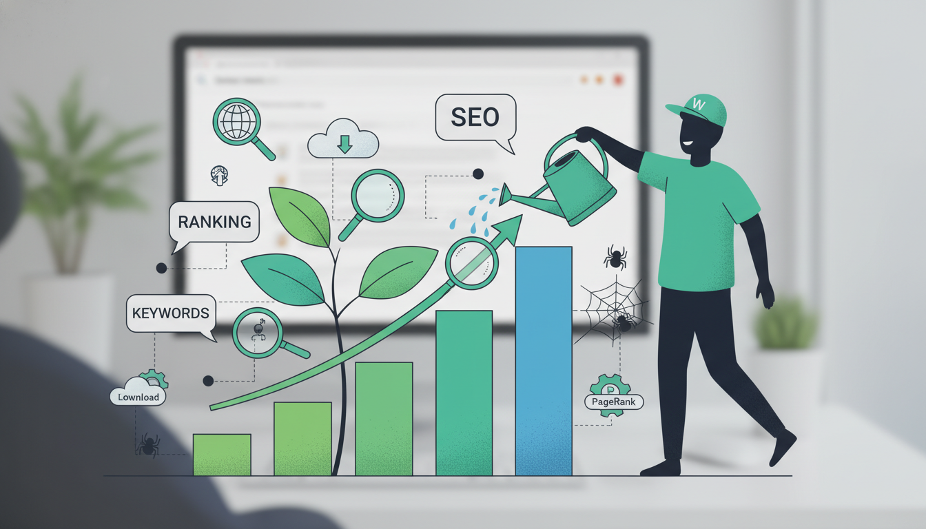 An illustration of a person watering a plant that is growing into a bar chart with an upward trend, symbolizing growth in search engine rankings. SEO-