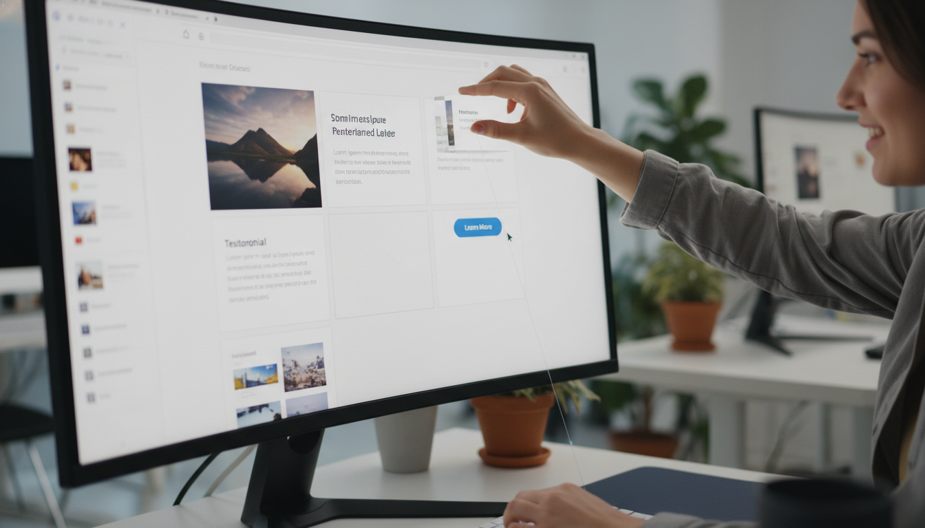 A person easily dragging and dropping different content blocks like images, text, and buttons onto a website canvas on a large monitor, creating a pro