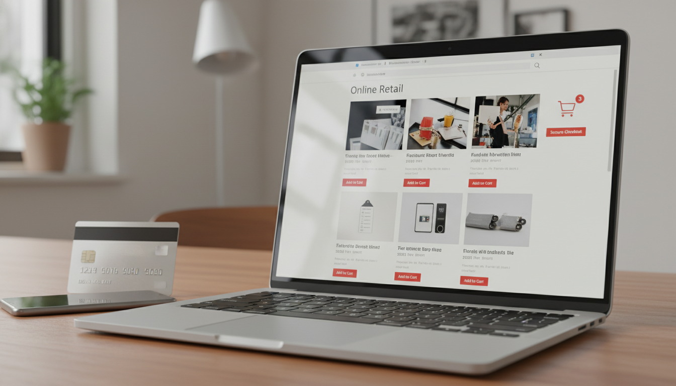 A clean and modern online store displayed on a laptop screen, showing product grids, a shopping cart icon with a notification, and a secure checkout b
