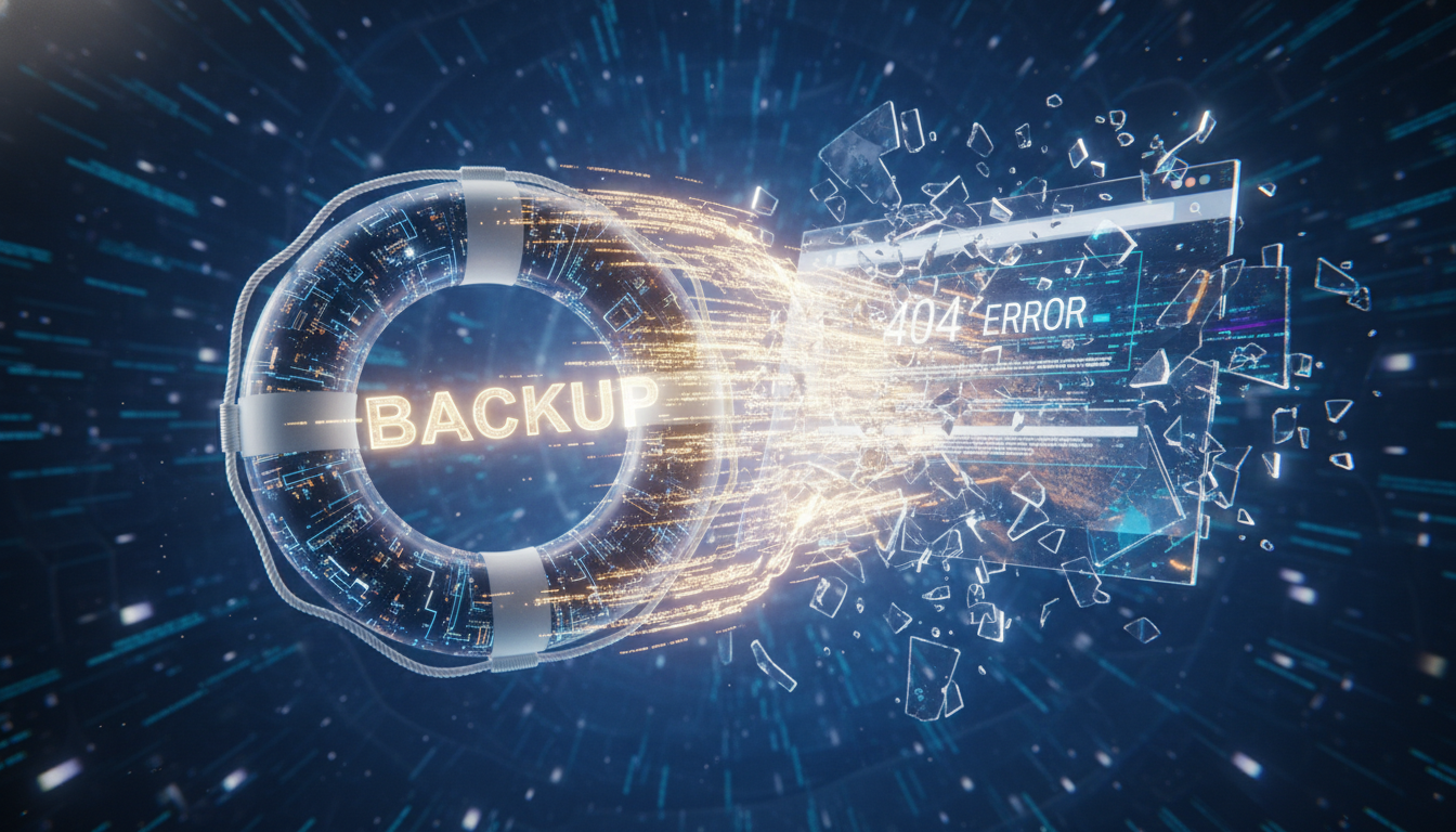 An illustration of a digital lifebuoy being thrown towards a website that is depicted as glitching or breaking apart, symbolizing a backup restoring t