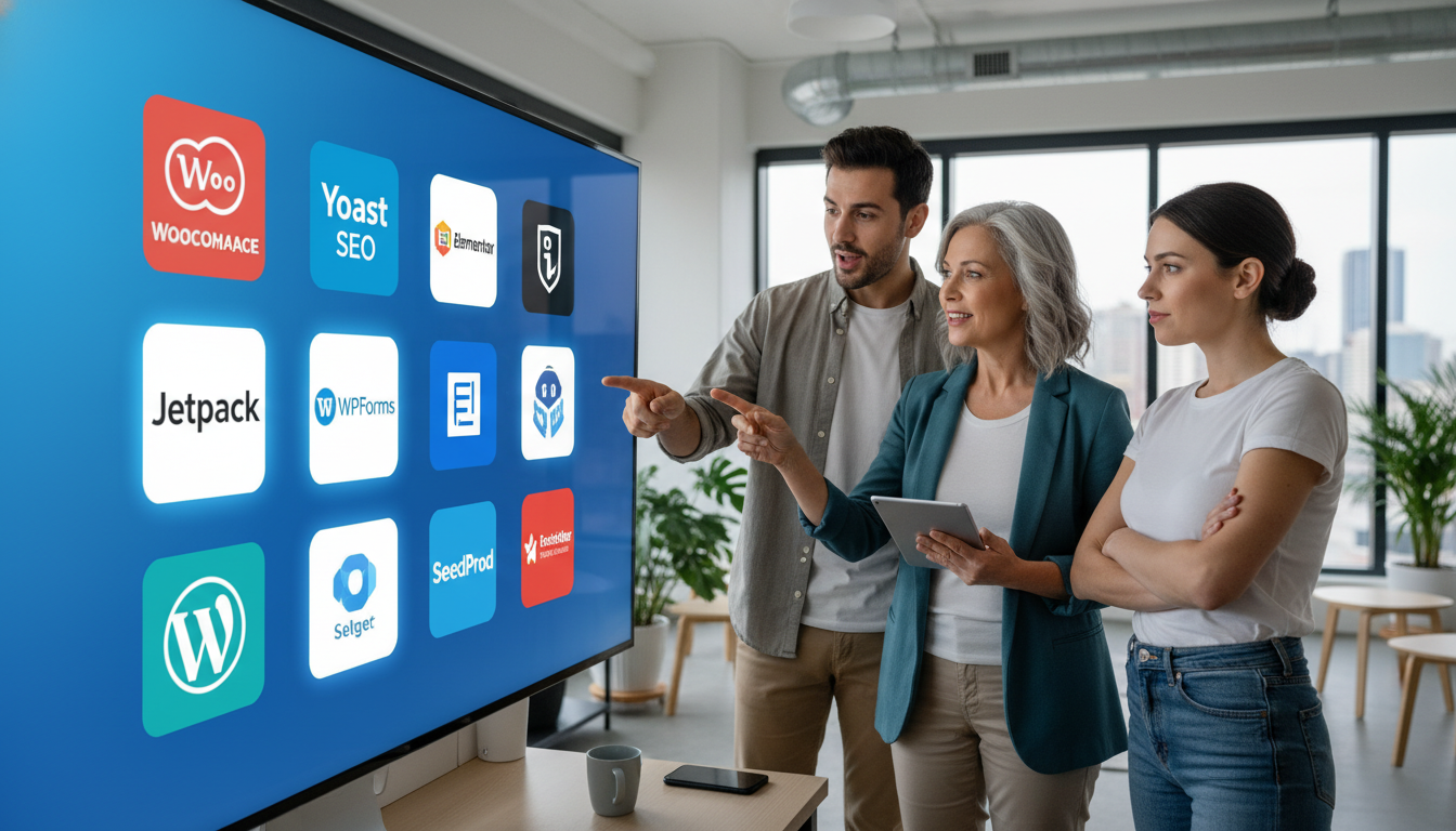 A diverse group of people a small business owner, a blogger, an e-commerce manager looking at a large screen displaying a curated list of top WordPres