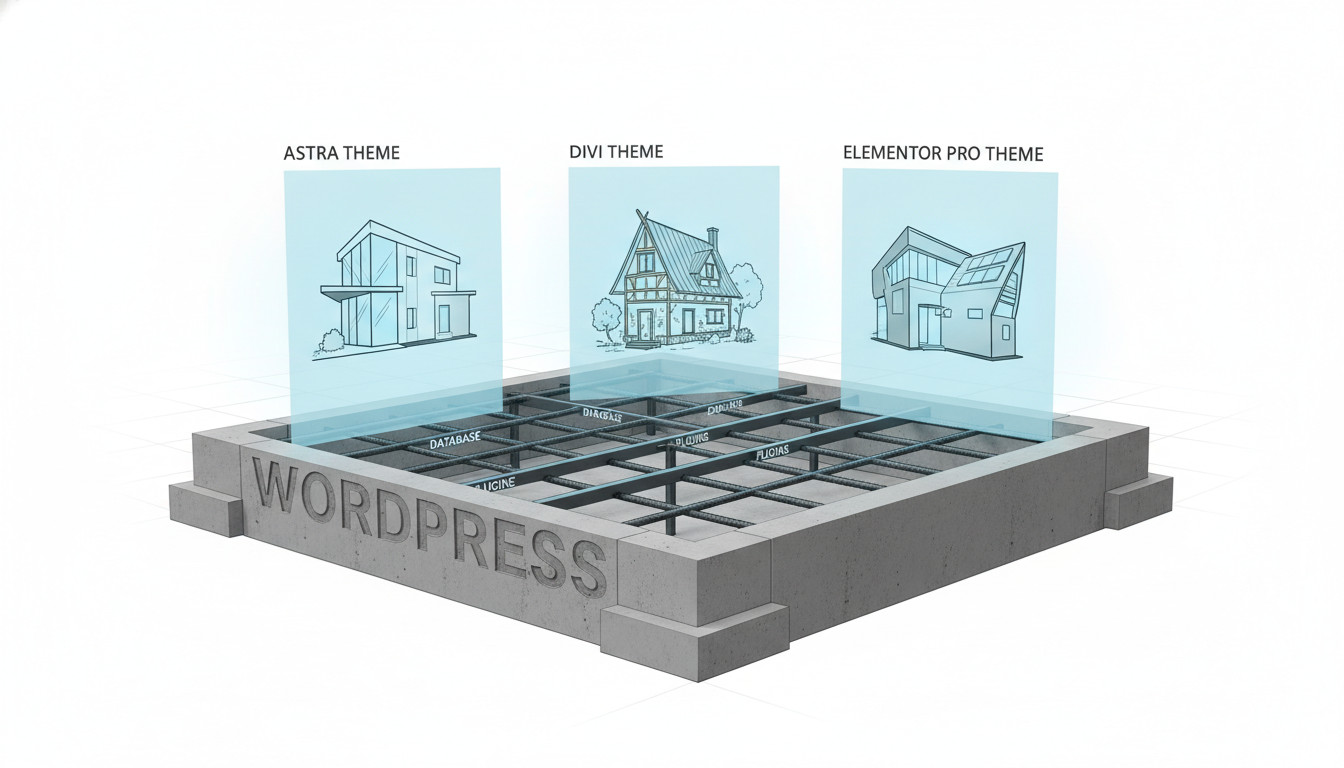 A digital illustration showing a WordPress websites structure as a house foundation, with different themes representing different architectural bluepr