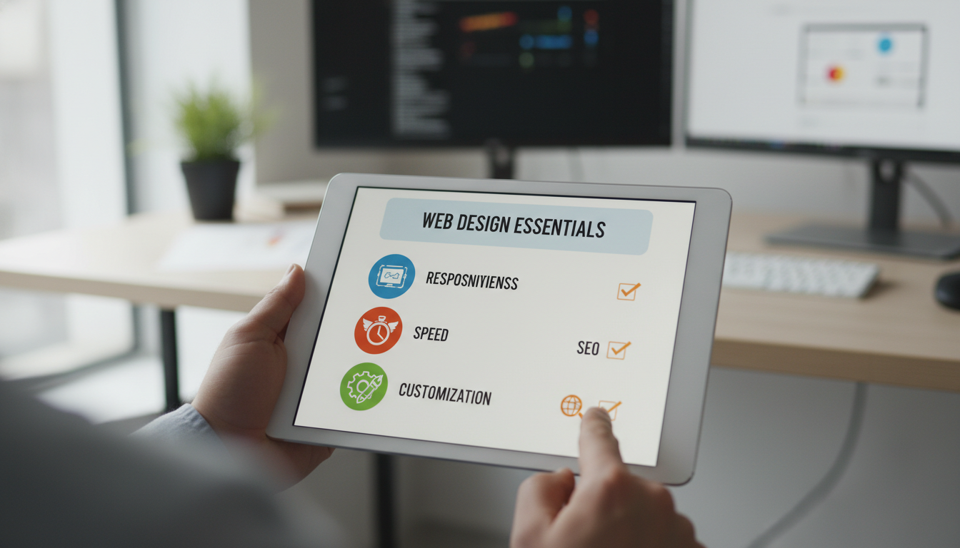 A checklist infographic with icons representing responsiveness, speed, customization, and SEO, displayed on a tablet screen held by a professional des