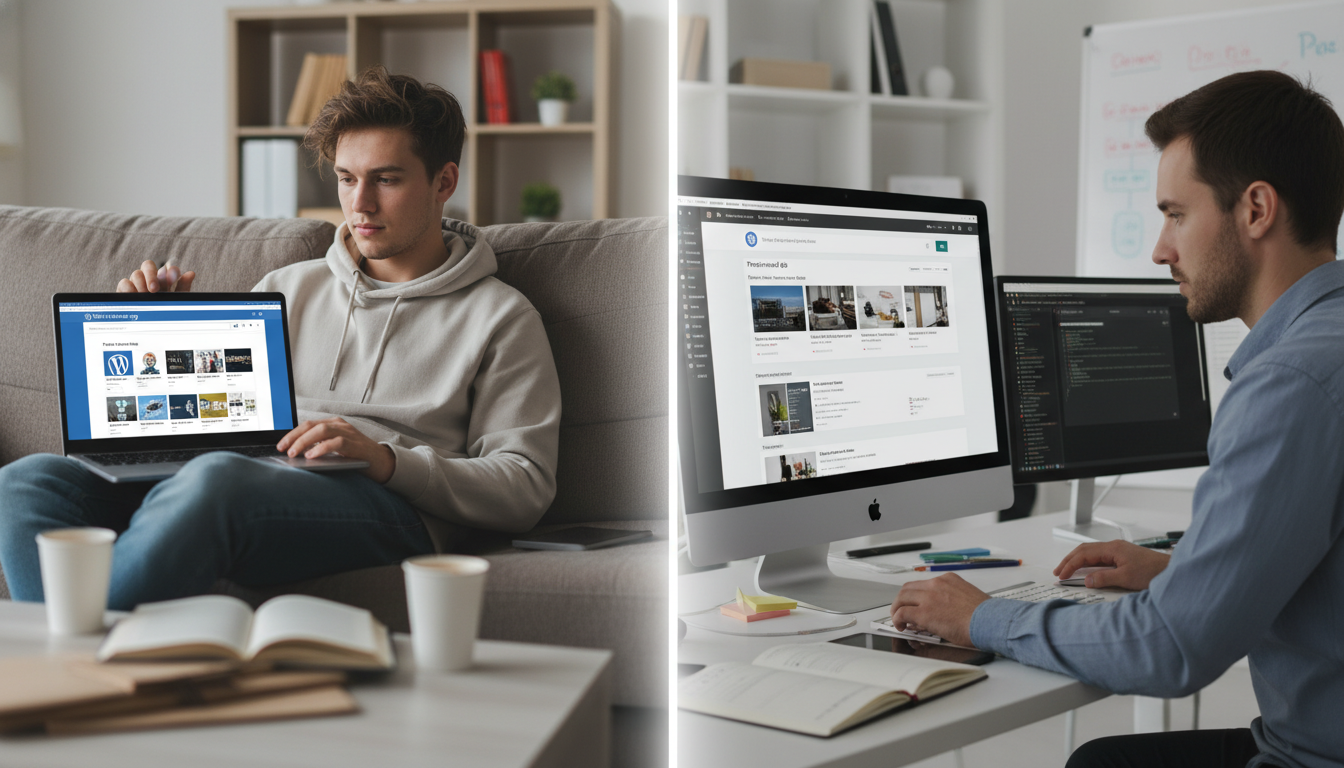 A split-screen image. On the left, a person casually browsing the official WordPress.org theme directory on a laptop. On the right, a professional web