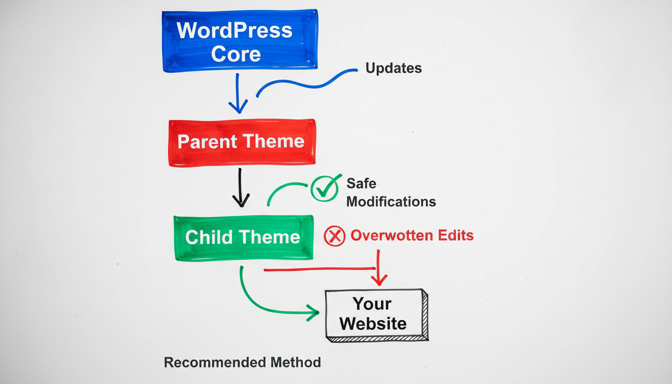A visual diagram showing the relationship between a parent theme, a child theme, and WordPress core updates. A green checkmark indicates the child the
