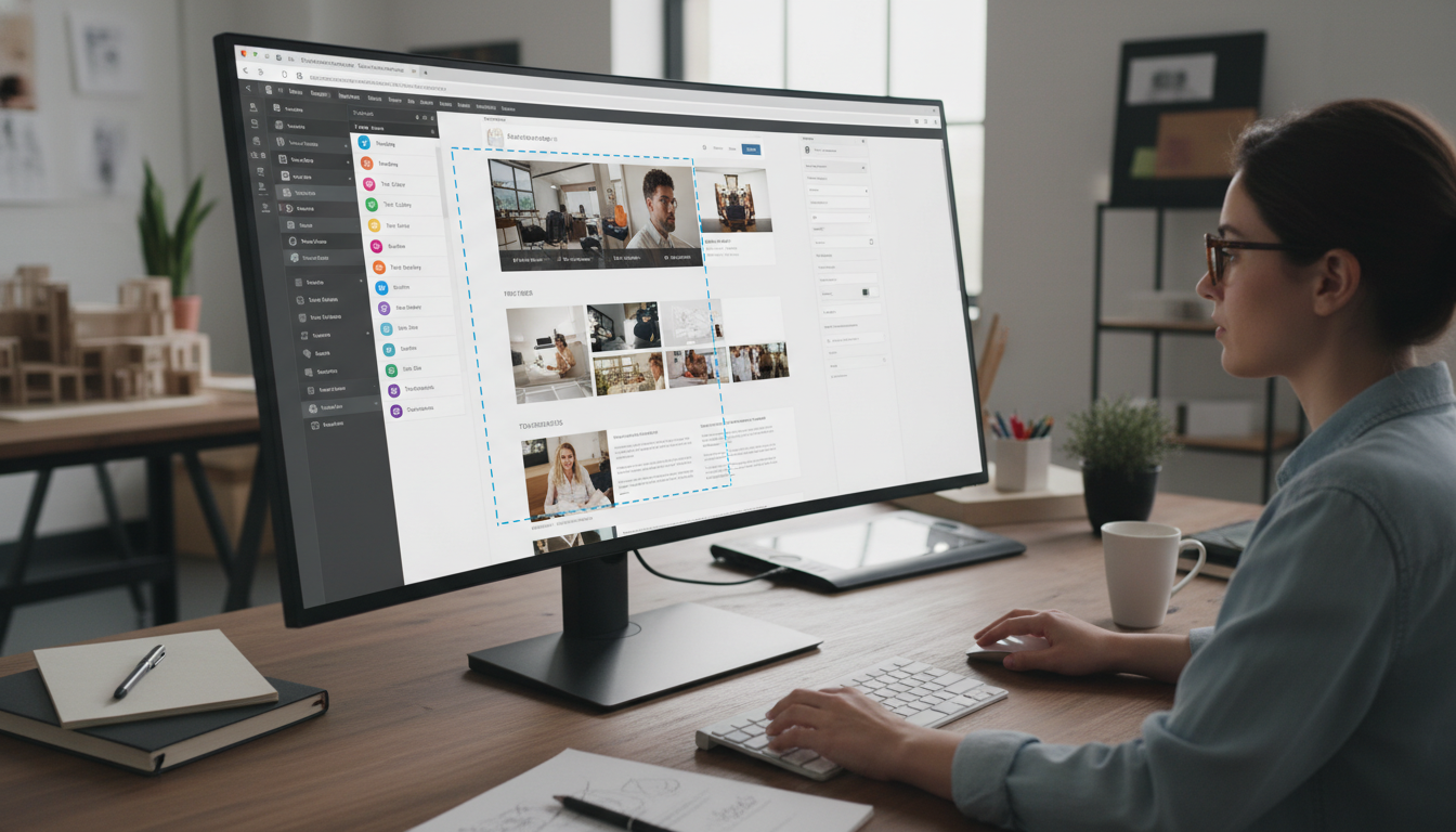A creative workspace showing a designer using a drag-and-drop page builder like Elementor on a large monitor. The screen displays a visually rich webs