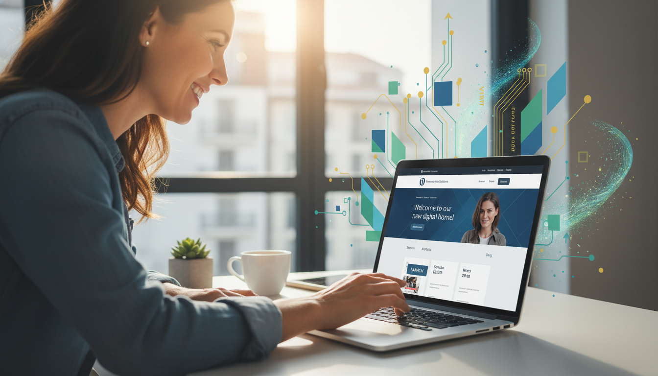 An inspiring image of a person launching their newly designed professional WordPress website on a laptop, with a look of satisfaction and success. The