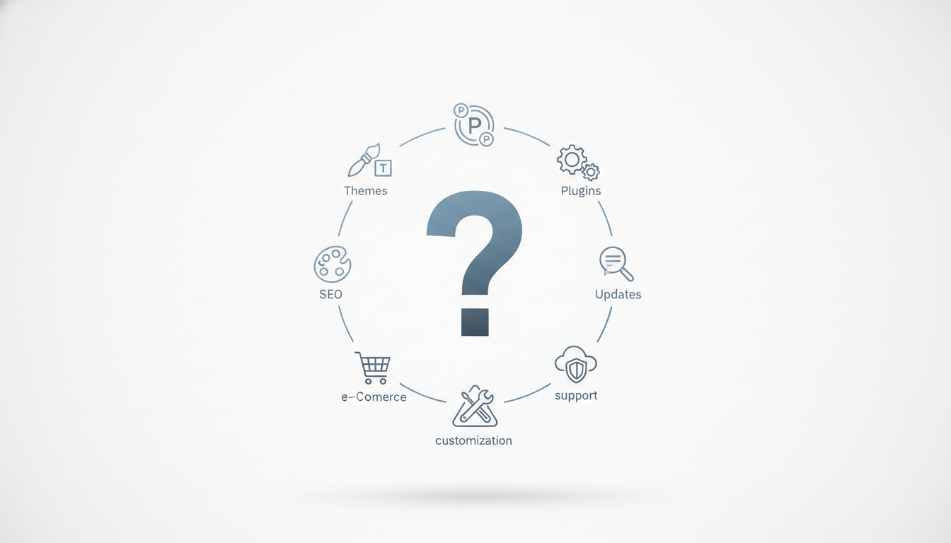 A clean and simple graphic with a large question mark surrounded by smaller icons representing common WordPress questions about themes, plugins, and c