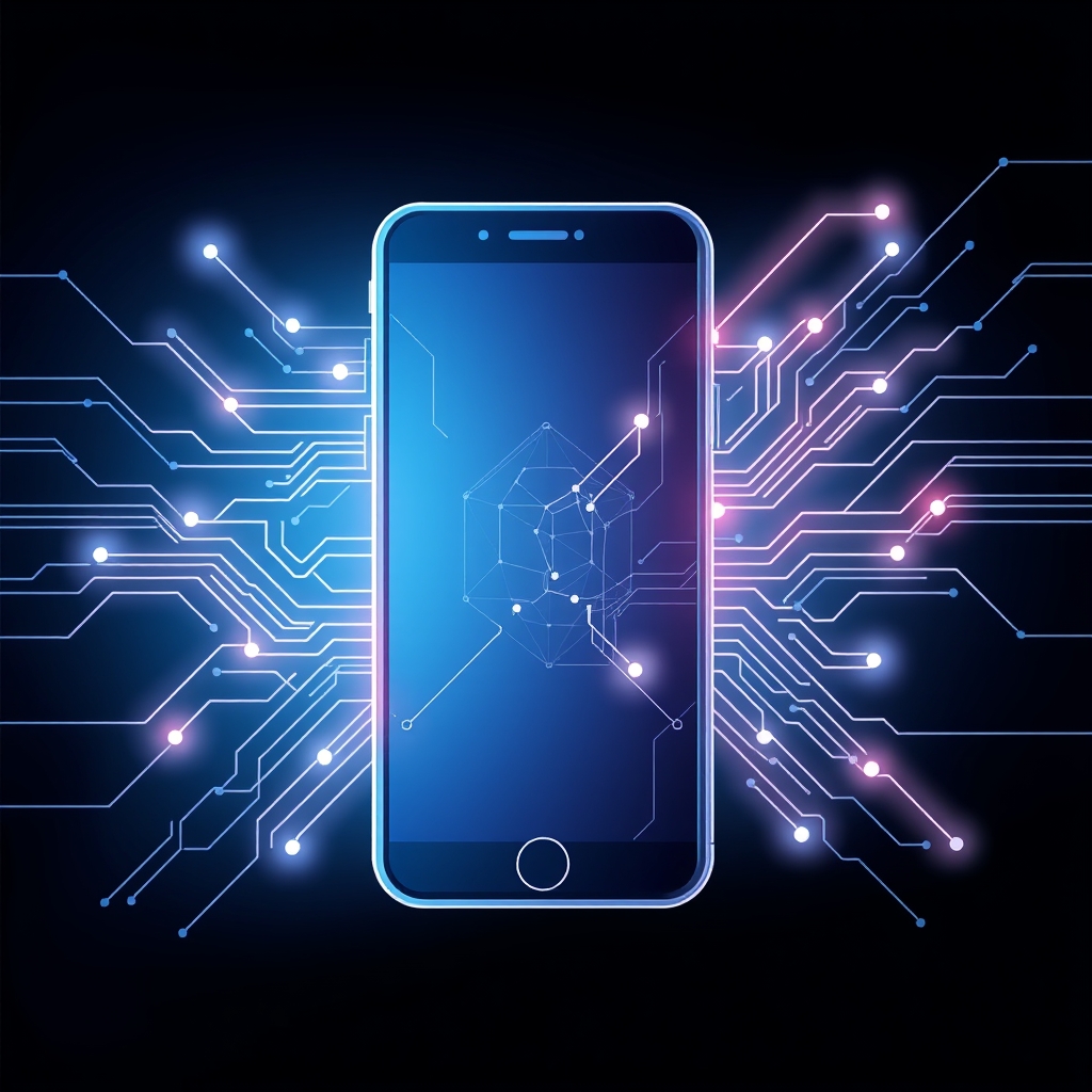 Ilustrasi konsep abstrak pembaruan sistem operasi dan teknologi pemindai biometrik digital pada layar perangkat cerdas.