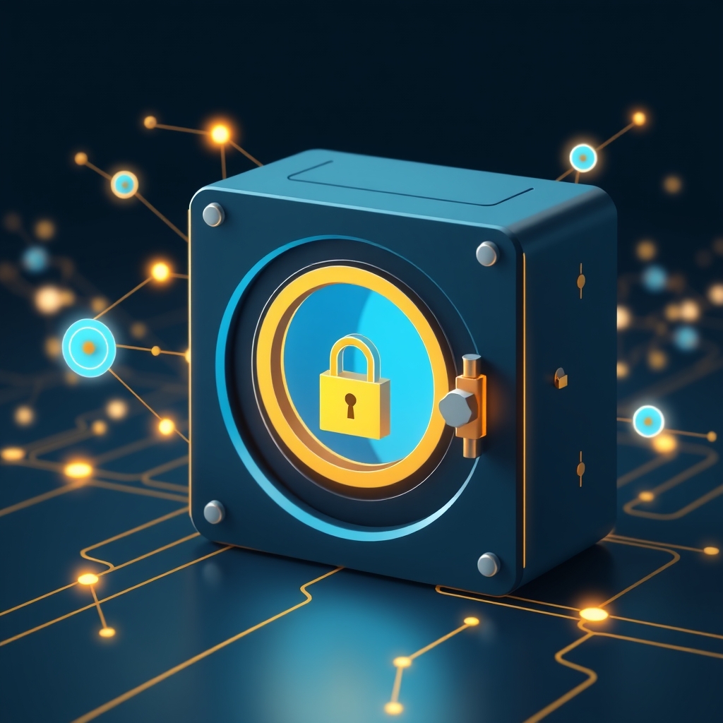 Ilustrasi teknologi keamanan sistem perbankan dan brankas data digital