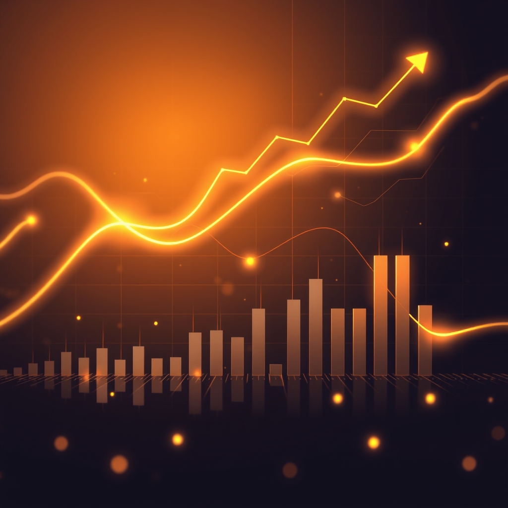 Ilustrasi grafik digital perkembangan investasi dan transaksi keuangan