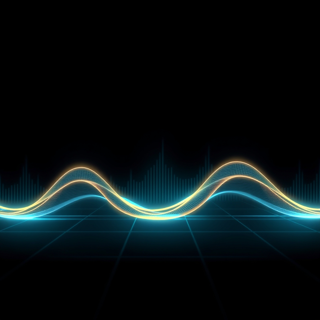 Ilustrasi visualisasi gelombang frekuensi audio dan penguat sinyal suara modern