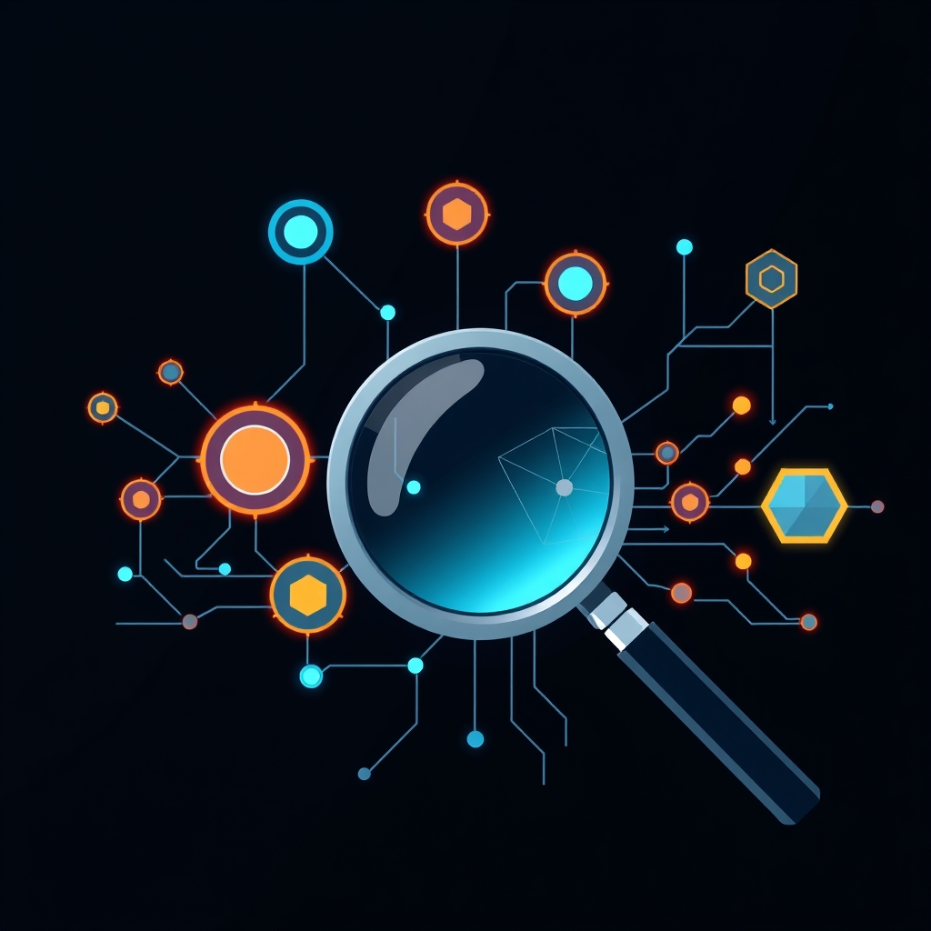 Ilustrasi visualisasi abstrak pemrosesan data digital dan jaringan analitik informasi.